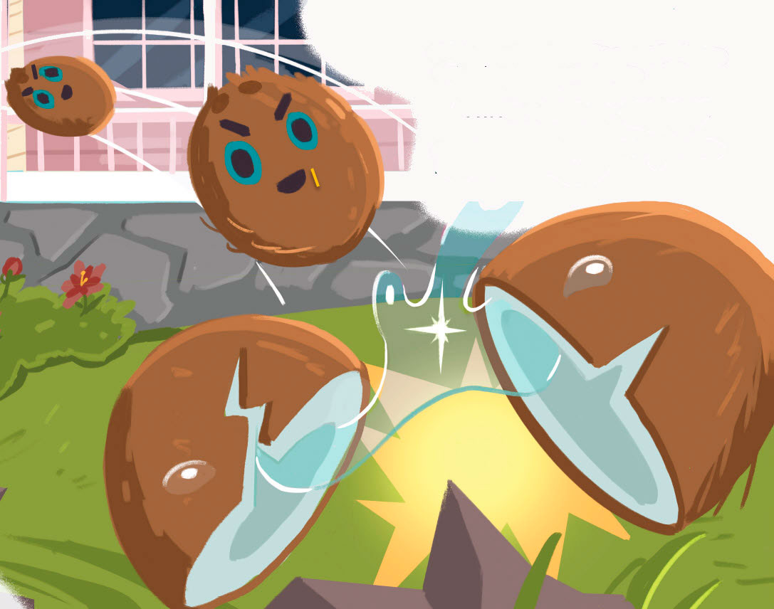 Coconut-Cracking Cartoon coconut smashing against a sharp stone. Green grass, a gray stone wall, and part of the white-colored house and its window are in the background.